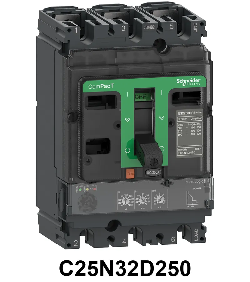 Interruptor Compact Nsx250N 50 Ka A 415 Vca Unidad De Control Micrologic 2.2 250 A 3 Polos 3D Schneider