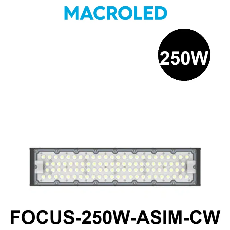 REFLECTOR LED FOCUS MACROLED 250W, AC100-240V, BLANCO FRIO, FP>0.95, THD<15%, 170LM/W, 6500K, ASIMETRICO, CRI>80, IP66, IK08, CON CABLE DE SEGURIDAD