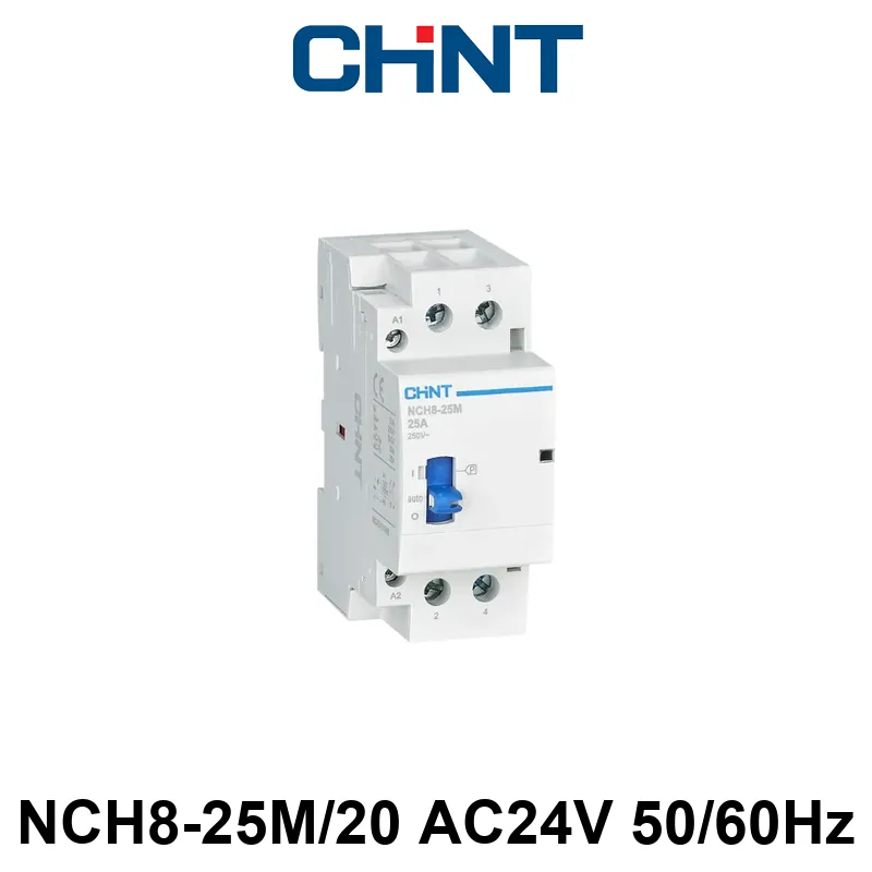 CONTACTOR DE INSTALACIÓN RIEL DIN CHINT NCH8-25M/20 - In:25A 2NA - Man/Rem - Bob: 24VCA