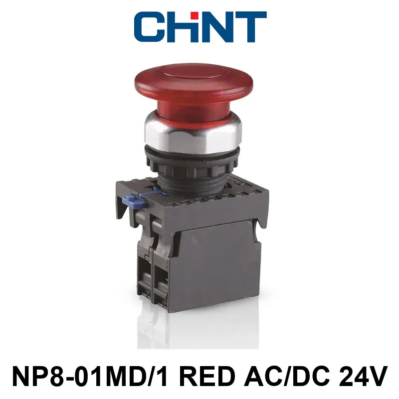 PULSADOR TIPO HONGO LUMINOSO DE 22 MM - NP8 - COLOR ROJO 24VCA/CC - C/1NC