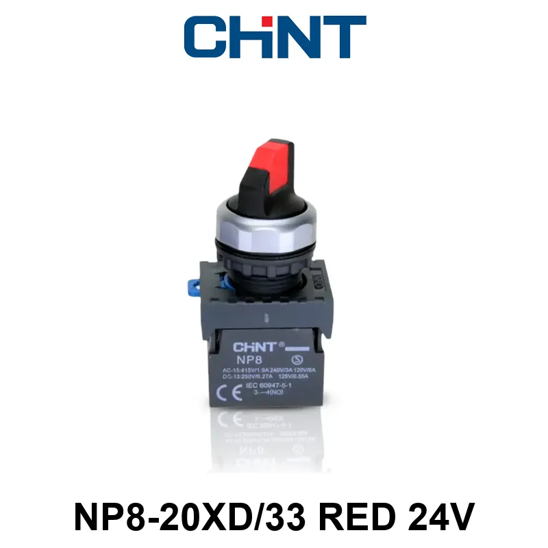 SELECTORA LUMINOSA DE 3 POSICIONES 22 MM - NP8 - COLOR ROJO 24VCA/CC - C/2NA - C/RETORNO AL CENTRO