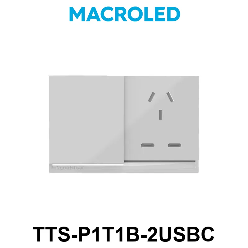 TECLA PULSADOR Y TOMA CORRIENTE SMART BLANCO MACROLED AC100-240V 10A SALIDA 2 USB-C 5V 2.1A