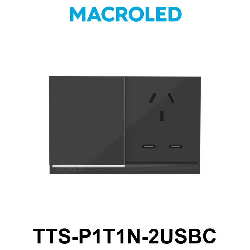 TECLA PULSADOR Y TOMA CORRIENTE SMART NEGRO MACROLED AC100-240V 10A SALIDA 2 USB-C 5V 2.1A