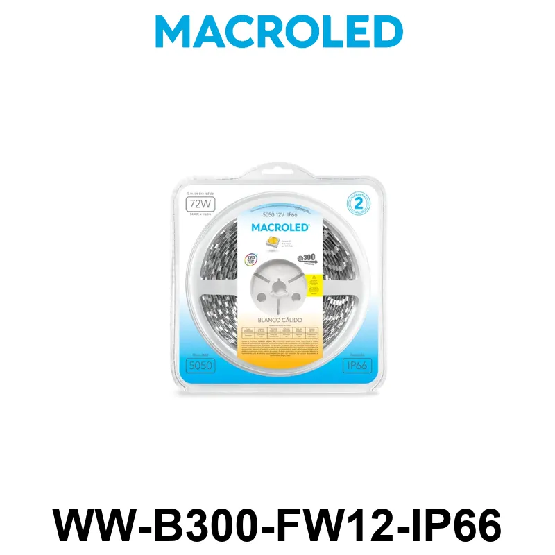 TIRA 5050 MACROLED BCO CALIDO IP66 - DC12V - 14,4W - 60 LED X 5 MTS